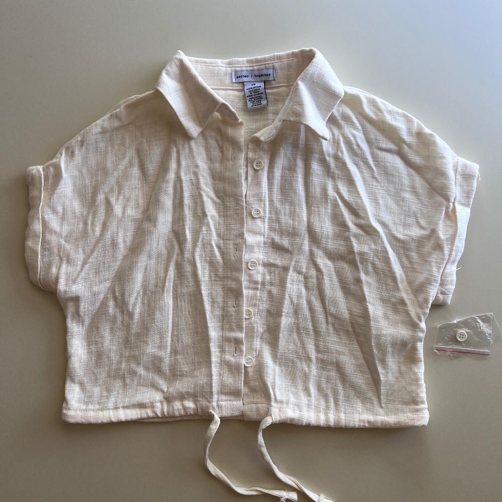 White Collar Button Down Crop Shirt